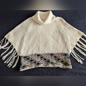 Chelsea & Violet Cream‎ and Black Patterned Poncho Sweater Fringe Boho L